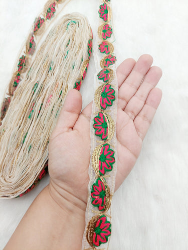 Off White Tissue Fabric Trim In Floral Embroidery, Gold Lace Trim By 9 Yards Indian Decorative Trim, Ribbon